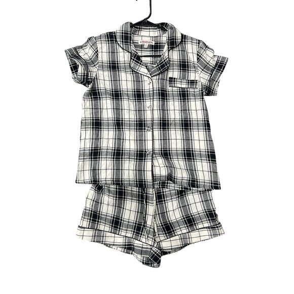 Dearfoams Plaid Button Front Short Pajama Set Black White Sz Small Sleepwear - Picture 1 of 16